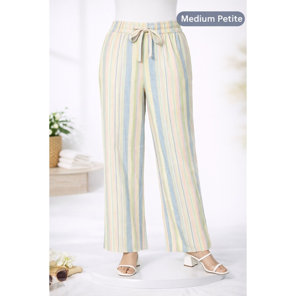 Denim & Co Womens Medium Petite Naturals Striped Linen Blend Wide Leg Pants Blue